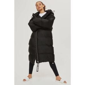 Ivy Park Puffer Jacket Womens Large Black Longline Hooded Parka Insulated Coat